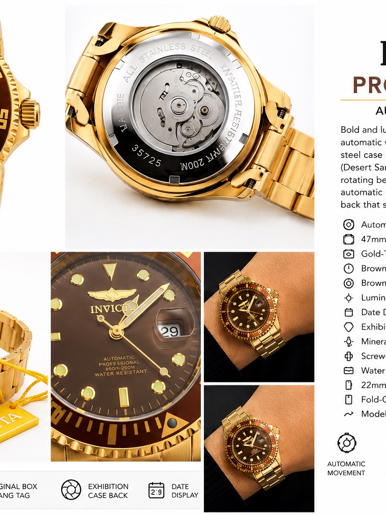 Invicta Mens GoldTone Automatic Watch Brown Dial Invicta Mens GoldTone Automatic Watch Brown Dial